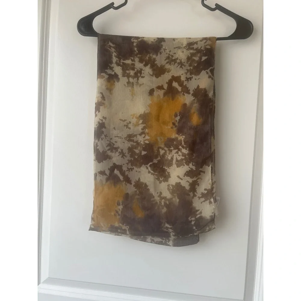 Halogen Brown Mustard Yellow Abstract Tie Dye Chiffon Scarf Oblong Lightweight